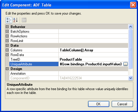 Table Component Property Inspector