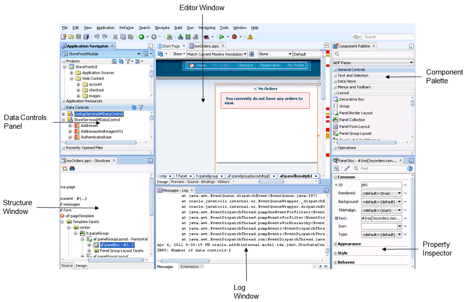 Structure window and Property Inspector in JDev.