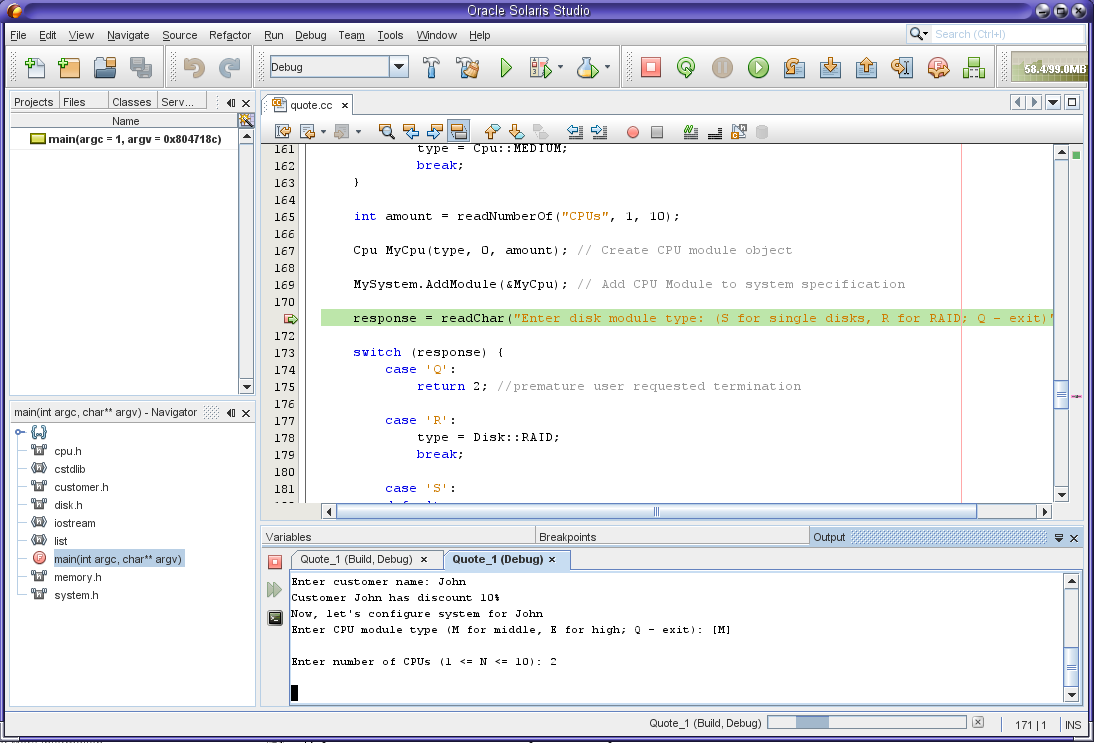 image:Screen capture of Oracle Solaris Studio IDE with dbx debugger running
