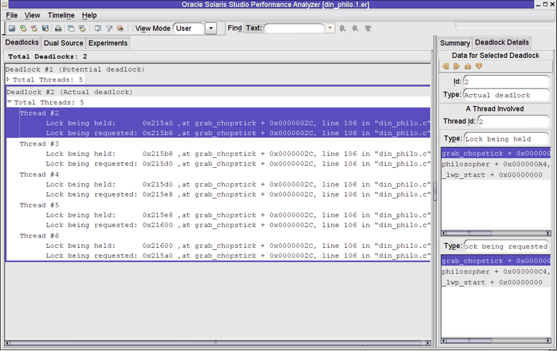 image:A screen shot of the Thread Analyzer's window which shows an actual deadlock.
