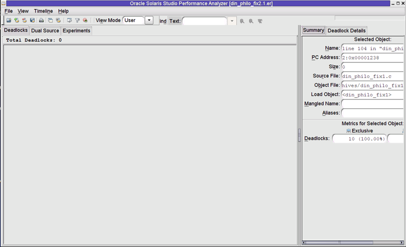 image:A screen shot of the Thread Analyzer window which shows no deadlocks.