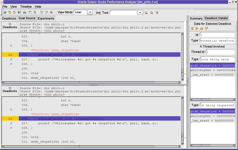 image:A screen shot of the Thread Analyzer's Dual-Source tab which shows a potential deadlock.