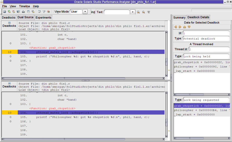 image:A screen shot of the Thread Analyzer's Dual Source tab which shows a potential deadlock.