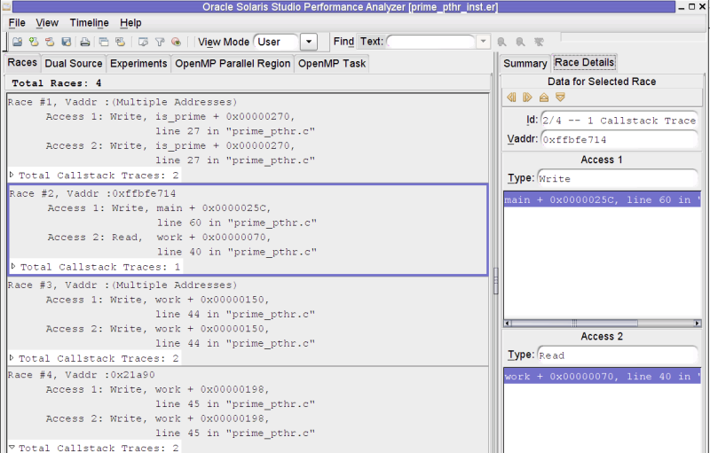 image:A screen shot of the Thread Analyzer window showing the Races tab for prime_pthr.c