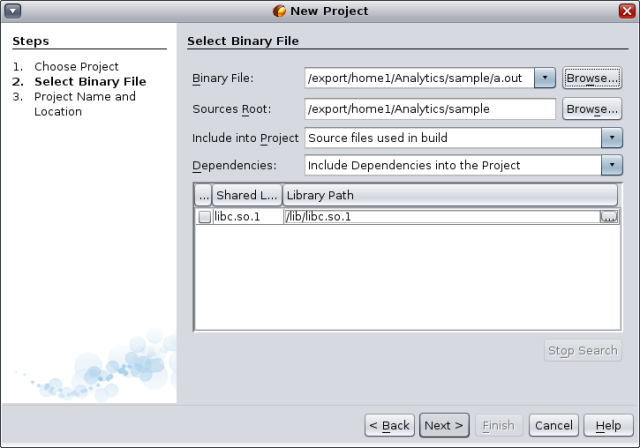 image:New Project wizard Select Binary File page for Project from a Binary File