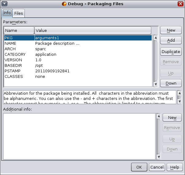image:Packaging Files dialog box, Info tab