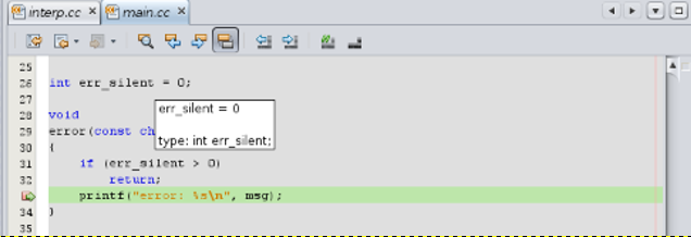 image:Editor window with balloon evaluation showing err_silent = 0