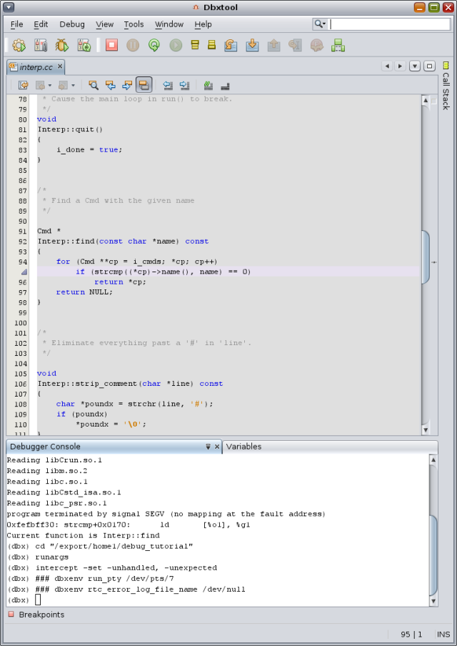 image:dbxtool window displaying debugger console window and location of call to strcmp