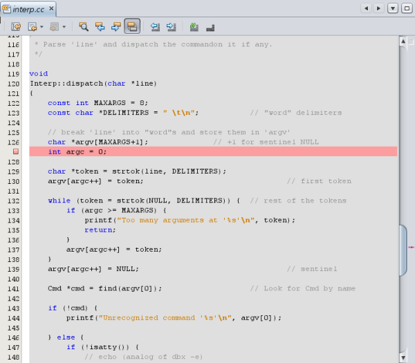 image:Editor window with line breakpoint on line 127
