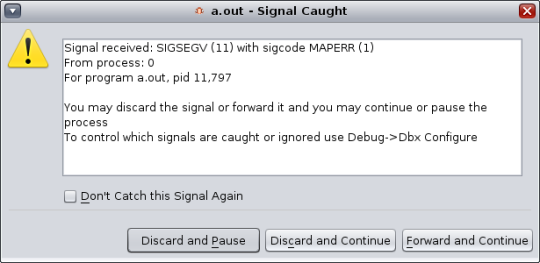 image:Signal Caught alert box displaying SEG