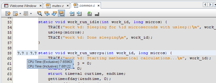 image:Editor window showing pop-up metrics for work_run_usrcpu function