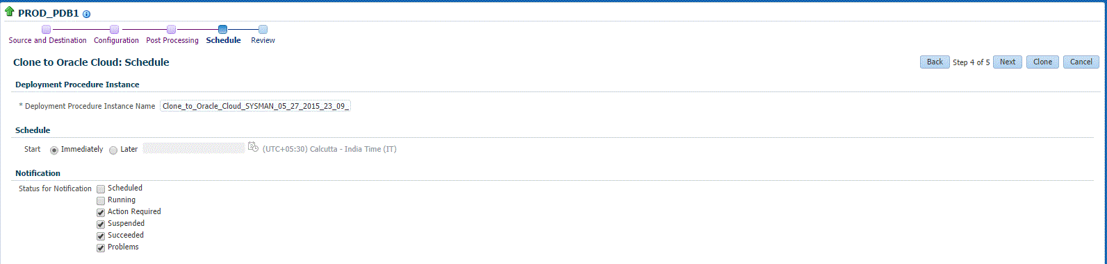 Clone to Cloud Schedule page