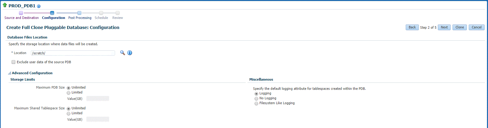 Create Full Clone PDB: Configuration page