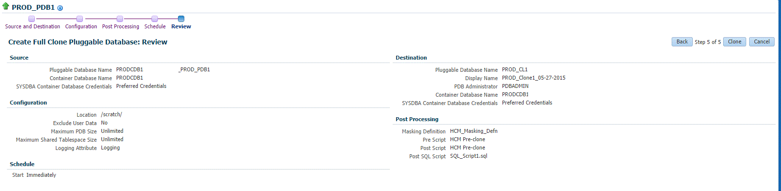 Create Full Clone PDB: Review page