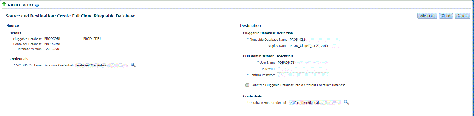 Source and Destination Full Clone PDB simple page