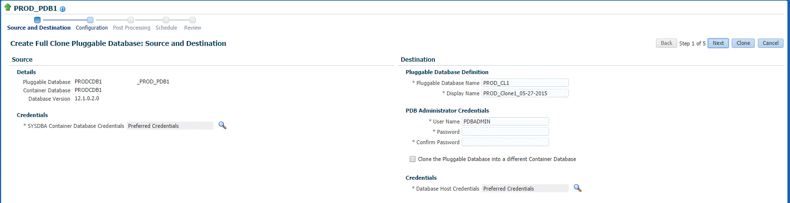 Source and destination page for full clone PDB