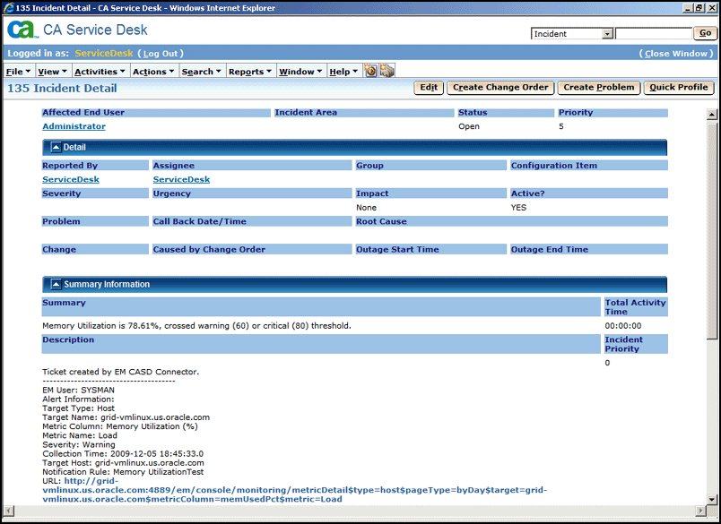 Incident Detail in CASD Console