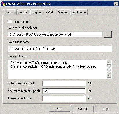 Java Tab on the iWave Adapters Properties Window