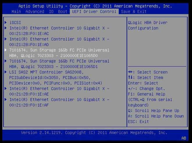 image:UEFI Driver Control tab in UEFI Setup (Fibre Channel)