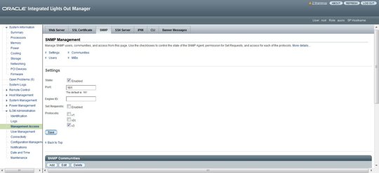 image:Screen shot of the Oracle ILOM SNMP Settings page.
