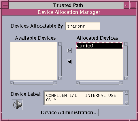 image:El cuadro de diálogo Device Allocation Administration muestra los dispositivos que se pueden administrar y el estado de la asignación del dispositivo de audio.