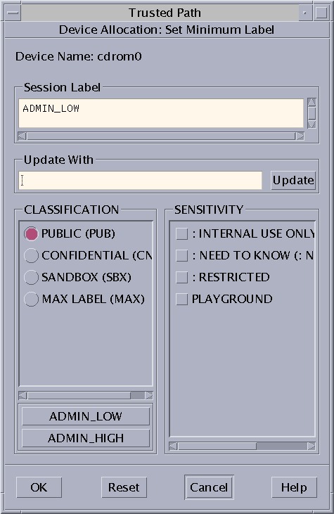 image:El generador de etiquetas titulado Device Allocation Set Minimum Label muestra las etiquetas que pueden seleccionarse como etiqueta mínima de un dispositivo.