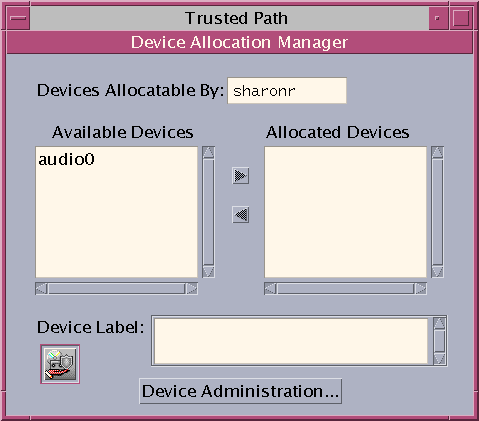 image:El cuadro de diálogo Device Allocation Administration muestra las configuraciones de seguridad predeterminadas de un dispositivo de audio para un usuario común.