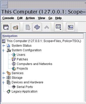 image:La ventana muestra el panel Navigation de la caja de herramientas de Trusted Extensions en el ámbito Files. El nodo Devices and Hardware está visible.