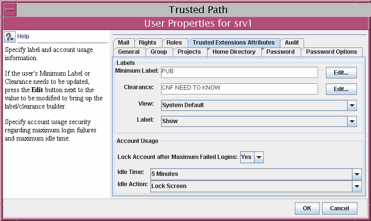 image:El cuadro de diálogo muestra la ficha Trusted Extensions Attributes para un usuario.