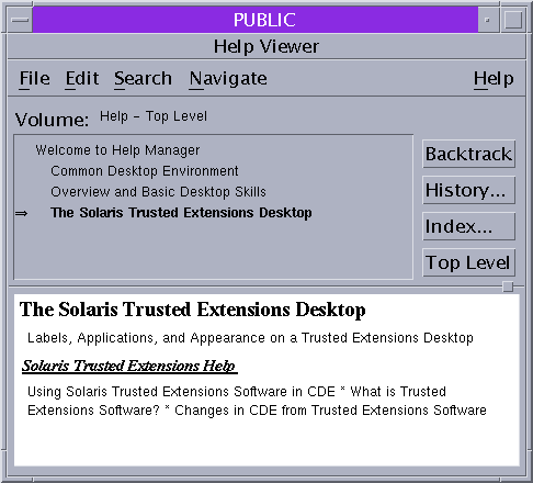 image:Una ventana denominada Help Viewer muestra la ayuda de escritorio de Solaris Trusted Extensions.