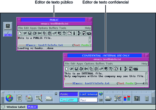 image:Muestra dos editores de texto en dos etiquetas diferentes en un espacio de trabajo, y 2 gestores de archivos en diferentes etiquetas.