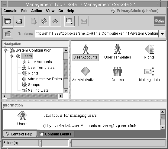 image:La ventana Management Tools muestra el panel de navegación a la izquierda, el panel de herramientas a la derecha y el panel de información con ayuda contextual debajo.