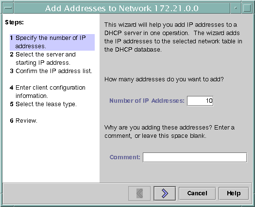 image:Le contexte décrit l'intérêt du graphique. La fenêtre de l'assistant contient les champs Number of IP Addresses et Comment, ainsi que des flèches vers l'arrière et vers l'avant, et les boutons Cancel et Help. 