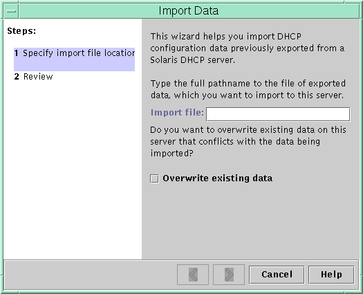 image:La boîte de dialogue présente les étapes à suivre pour importer les données depuis un fichier. Elle contient le champ Import File et la case à cocher Overwrite existing data.