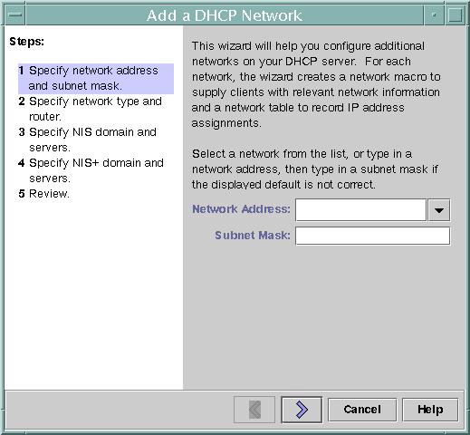 image:La boîte de dialogue contient une liste déroulante des adresses réseau, un champ pour le masque de sous-réseau et une flèche de sélection vers la droite. Elle affiche également les boutons Cancel et Help.