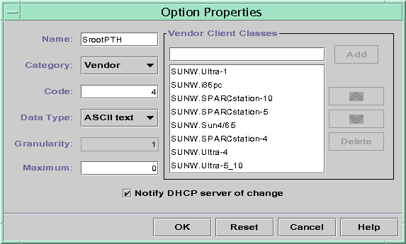 image:La boîte de dialogue indique les propriétés actuelles de l'option sélectionnée. Elle contient une section Vendor Client Classes et une case à cocher permettant de prévenir le serveur DHCP.