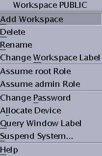 image:L'écran présente le menu Trusted Path accessible à partir d'un sélecteur d'espace de travail dans Trusted CDE.