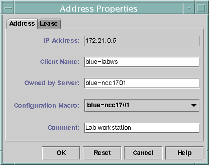 image:「IP アドレス (IP Address)」、「(Owned by Server)」、「クライアント名 (Client Name)」、「コマンド (Comment)」フィールドをもつ「アドレス (Address)」タブ。さらに、プルダウンリスト付きの「構成マクロ (Configuration Macro)」が表示されています。