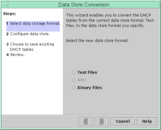 image:ダイアログボックスには、新しいデータストアへの変換に必要な手順が列挙されています。さらに、新しいデータストアオプションや、前方/後方矢印、「(Cancel)」、「ヘルプ (Help)」のボタンが表示されています。