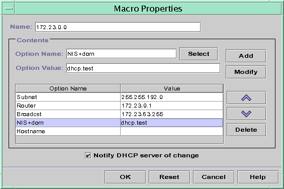 image:ダイアログボックスには、一連のオプションとその値が表示されています。さらに、「選択 (Select)」、「追加 (Add)」、「変更 (Modify)」、上下の矢印、「削除 (Delete)」の各ボタンが表示されています。さらに、サーバーに通知するかどうかを示すチェックボックスがあります。