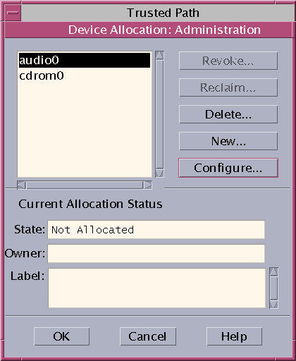 image:Administration(관리) 대화 상자에 장치의 목록과 상태가 표시됩니다. Revoke(해지), Reclaim(재생 이용), New(새로 만들기) 및 Configure(구성) 버튼이 표시됩니다.