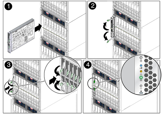 image:Figure shows four stages of inserting the server module into a slot of the modular system, then checking if power is applied to the server module.