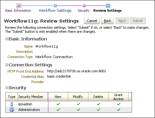 BPEL Connection Review Settings Page