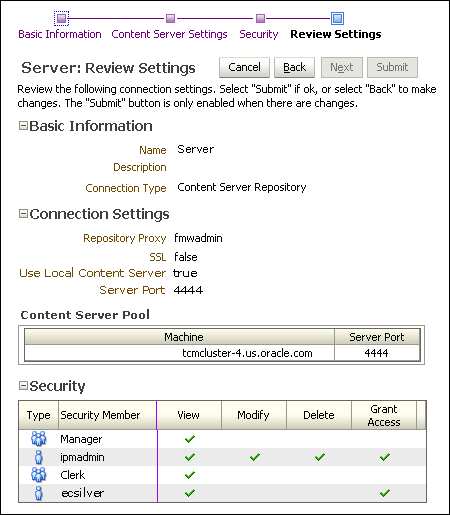 Create Connection Review Settings Page