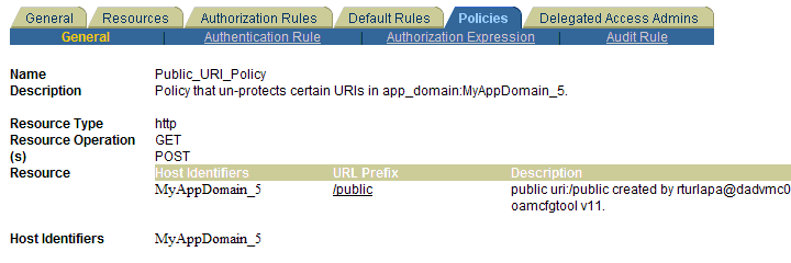 OAMCfgTool Policy Domain Policies Tab