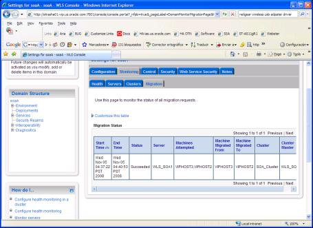 Migration Status Screen in the Administration Console