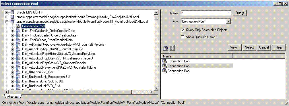 This screen shot displays the Select Connection Pool dialog for Import Metadata Wizard: Select existing Supply Chain Management connection pool.