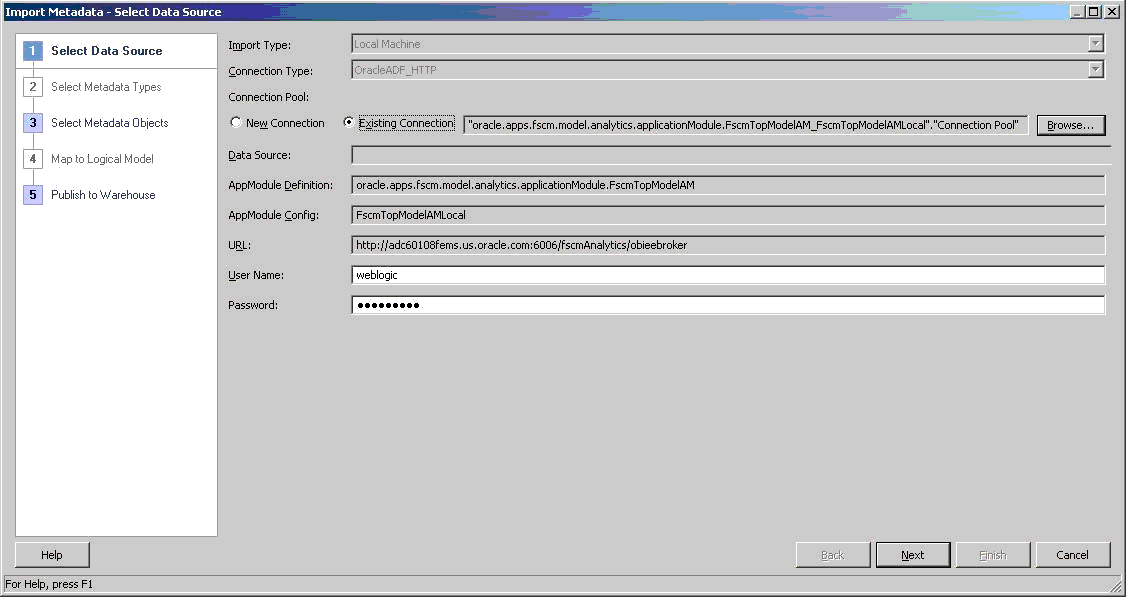 This screen shot displays the Import Metadata Wizard: Select data source information.