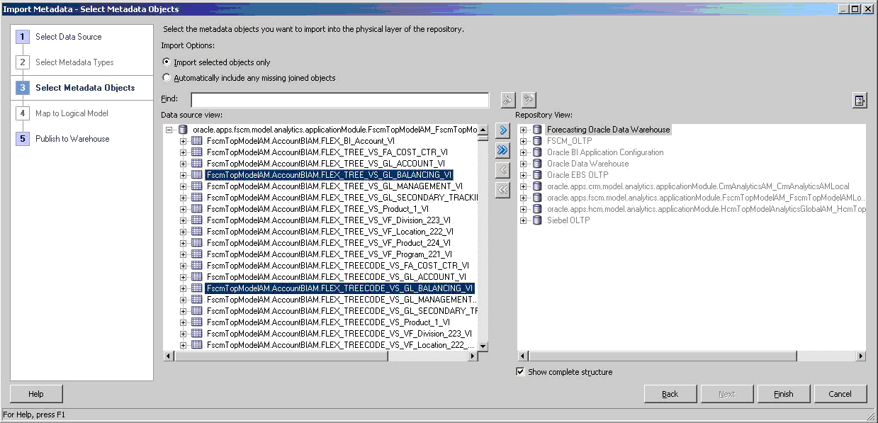 This screen shot displays the Import Metadata Select Metadata Objects Wizard. Select the Flexfield Tree Code and Tree view objects to import for the Tree Based Segment logical dimensions.