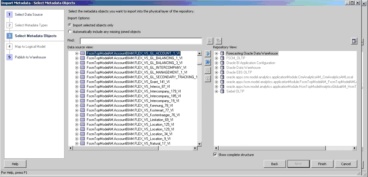 This screen shot displays the Import Metadata Select Metadata Objects Wizard. Select the Flexfield Value Set view objects to import for the Value Set Based Segment logical dimensions.